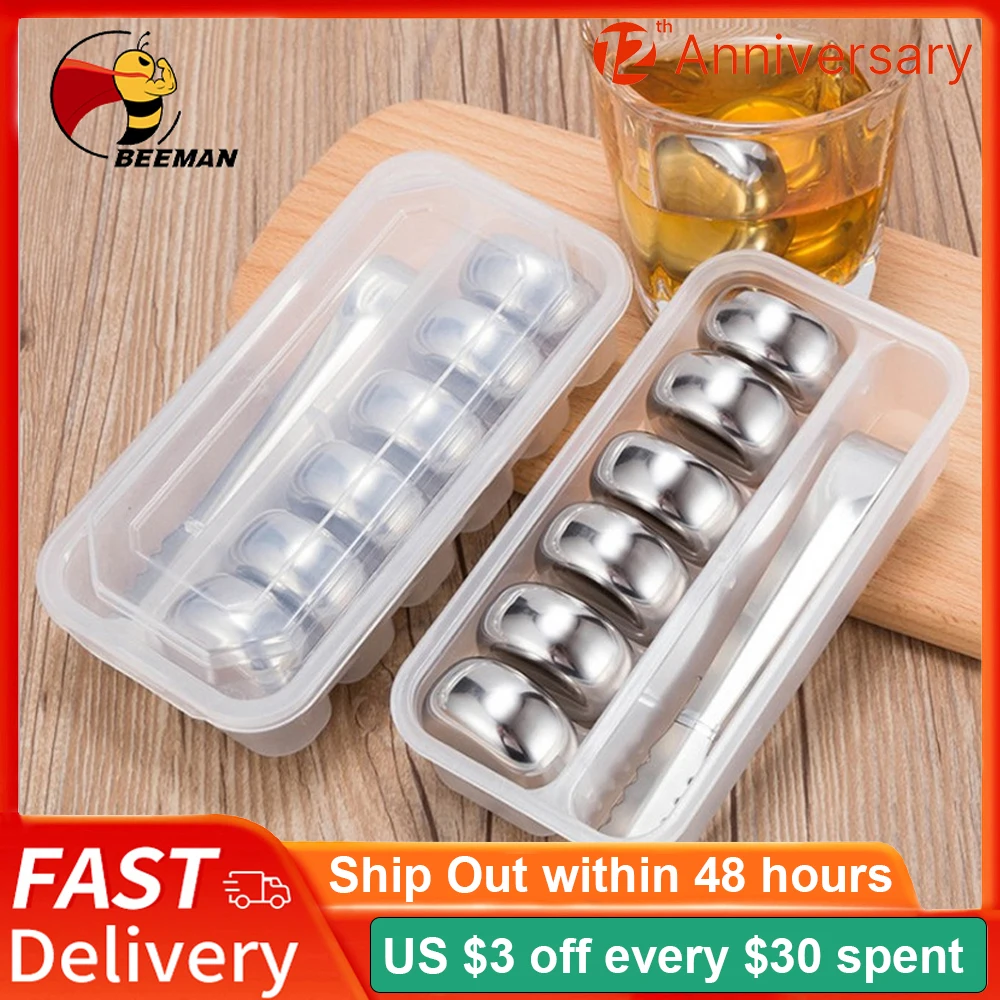 6 Pezzi Cubetti Di Ghiaccio In Acciaio Inox Whisky Wine Cooler Con Pinze Raffreddamento Birra Pietre Chilling Riutilizzabili Isola Con Scatola Di Imma