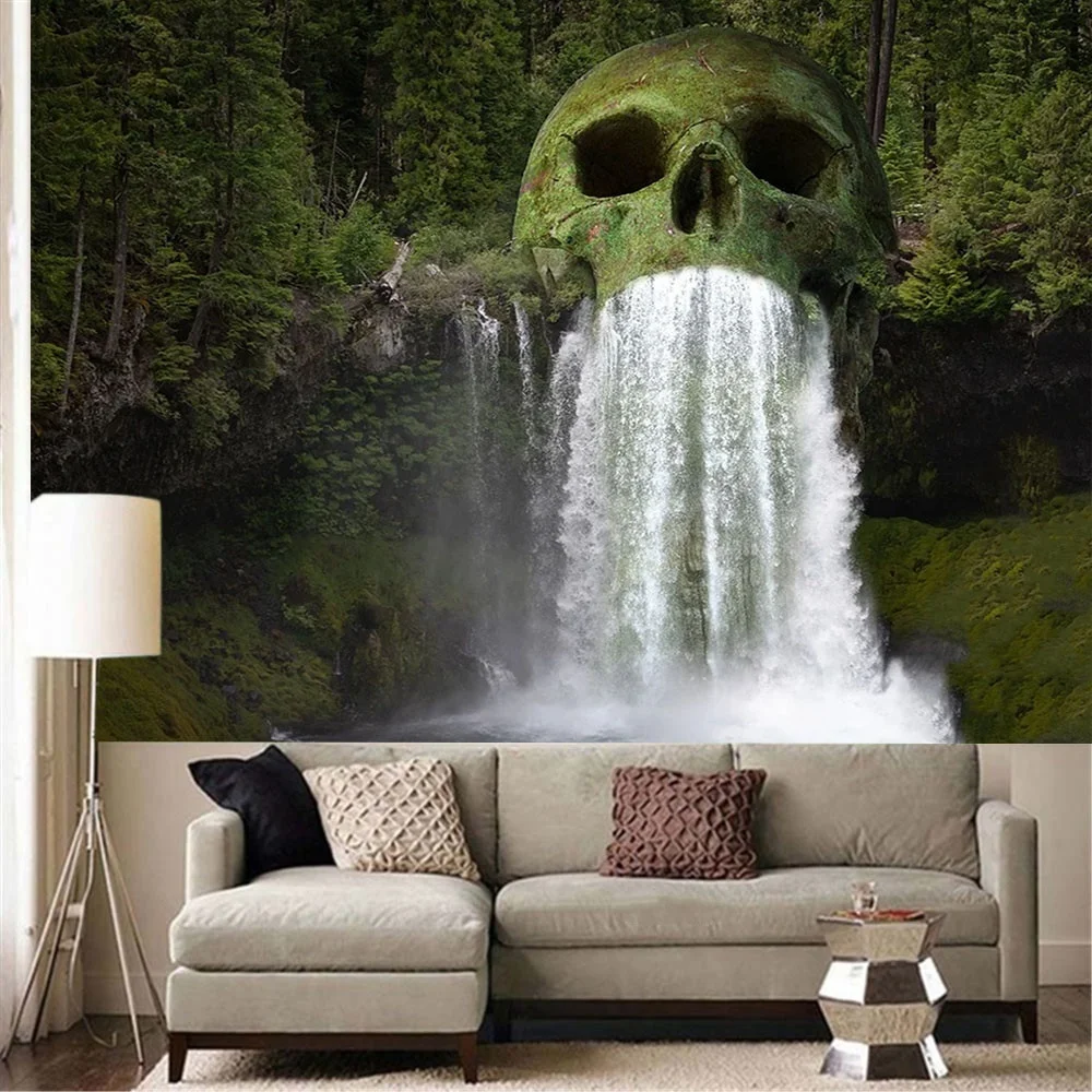 Natural Skull Head Water Spray Waterfall 3D Printing Tapestry Wall Home Decoration Wall Background Cloth(95X73cm/150X100 Cm) tapestry decor