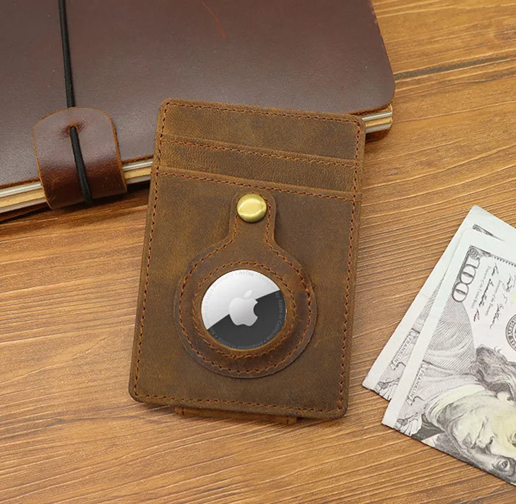 100% Genuine Leather Cash Clip Wallet with AirTag Wallet for Men Mens Wallet with Cash Clip with AirTag Holder for Air Tag 4
