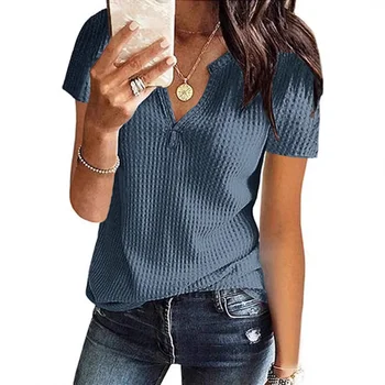 New Summer 2025 Women's T-shirt Pure Color Short Sleeve V-neck Waffle Pattern Top Quality Nylon Material Comfortable Fit 1