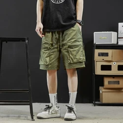 Summer Fashion Elastic Waist Lace Up Loose Casual Pockets Cargo Pants Men Solid Color Knee Length Sporty Trousers Men's Clothing
