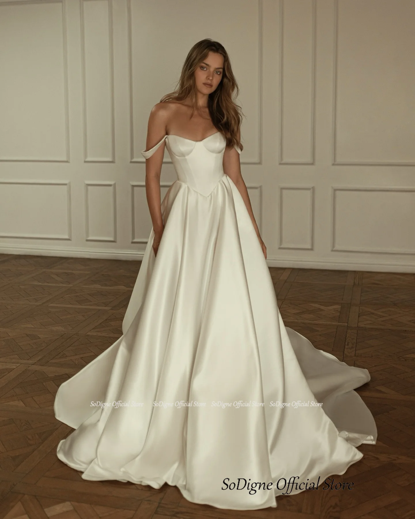 SoDigne Simple Satin A-line Wedding Dresses Sweetheart Sleeveless Off Shoulder Bridal Dress Long Bride Gown vestidos de novia 2