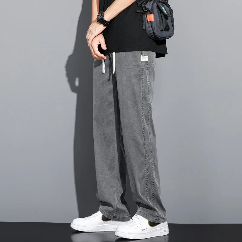 Brand Clothing Soft Lyocell Fabric Men's Jeans Loose Straight Pants Drawstring Elastic Waist Korea Casual Trousers Plus Size 5XL 2