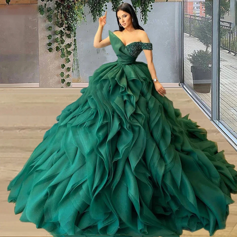 

Ball Gown Green Evening Dress Off The Shoulder Floor Length Tiered Fluffy Sleeveless Elegant Women Party فساتين مناسبة رسمية