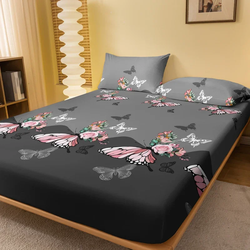 1 rose butterfly patterned frosted bedsheet, printed bed cover for bedroom, bedding (excluding pillowcases) 1