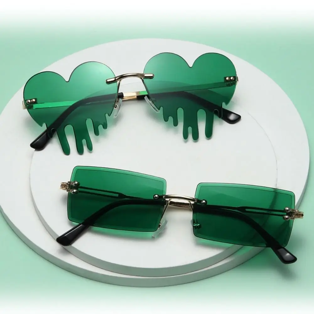 

Fashion Women Men Rimless St. Patrick's Day Leprechaun Costume Glasses Green Four Leaf Clover Glasses Irish Shamrock Sunglasses