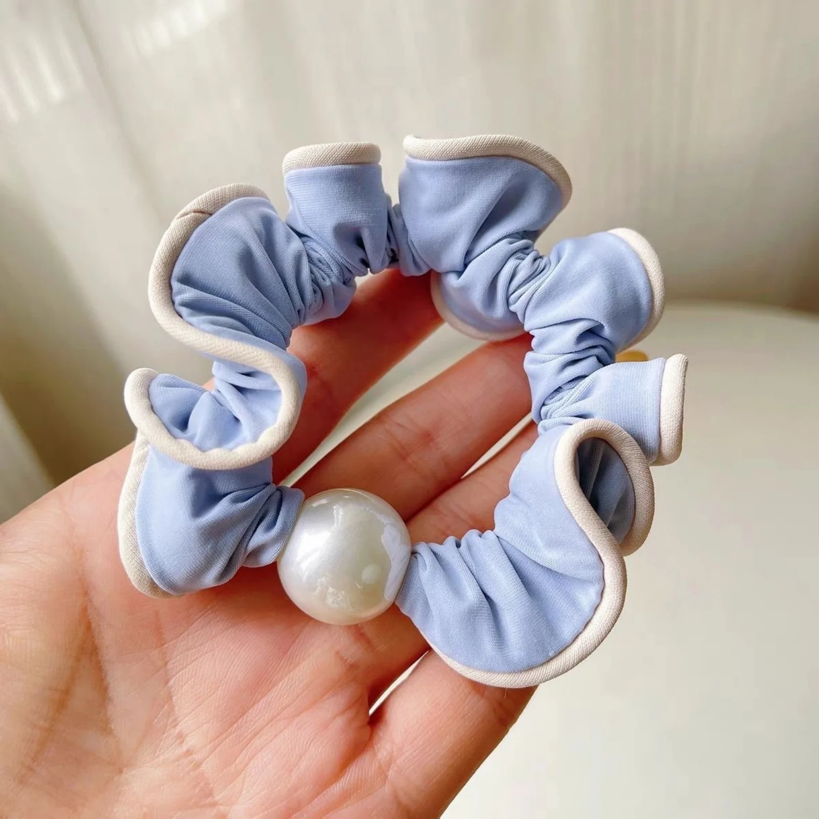 1PC Light Blue Pearl & Lace Hair Scrunchies Set, Ruffled Hair Ties, Stylish Hair Accessories for Women's Charming Looks