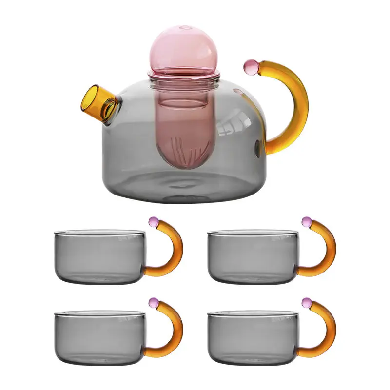 Multicolored Glass Heart Resistant Glass Teapots Suits Cups Borosilicate Boil Water Tea Sets Kettle Water Cup Bottle