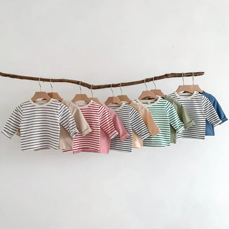 Корейская футболка для малышей, осенняя одежда для малышей, базовая мягкая рубашка, одежда для маленьких девочек, футболки, одежда для маленьких мальчиков, майки, топы, новинка, 2023