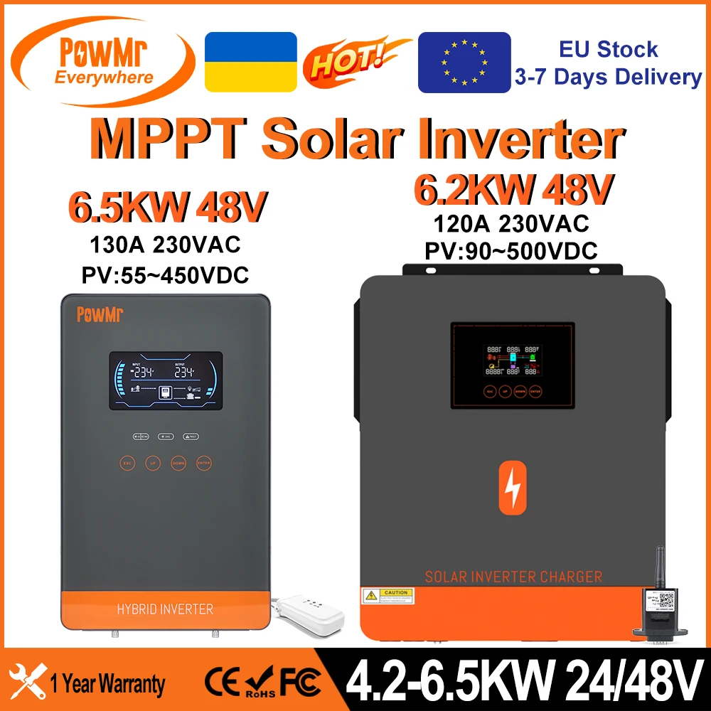 Powmr 6.5Kw 4.5Kw 6.2Kw 4.2Kw Inverter Solare Ibrido 48V 24V A 230Vac Con Wifi Mppt 150A 130A 120A Caricabatterie Può Funzionare Senza Batteria