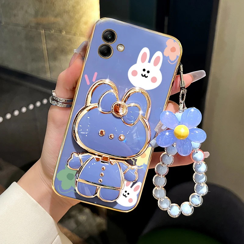 Charming Floral Strap Makeup Mirror Phone Holder Case with Cute Rabbit Design - Perfect