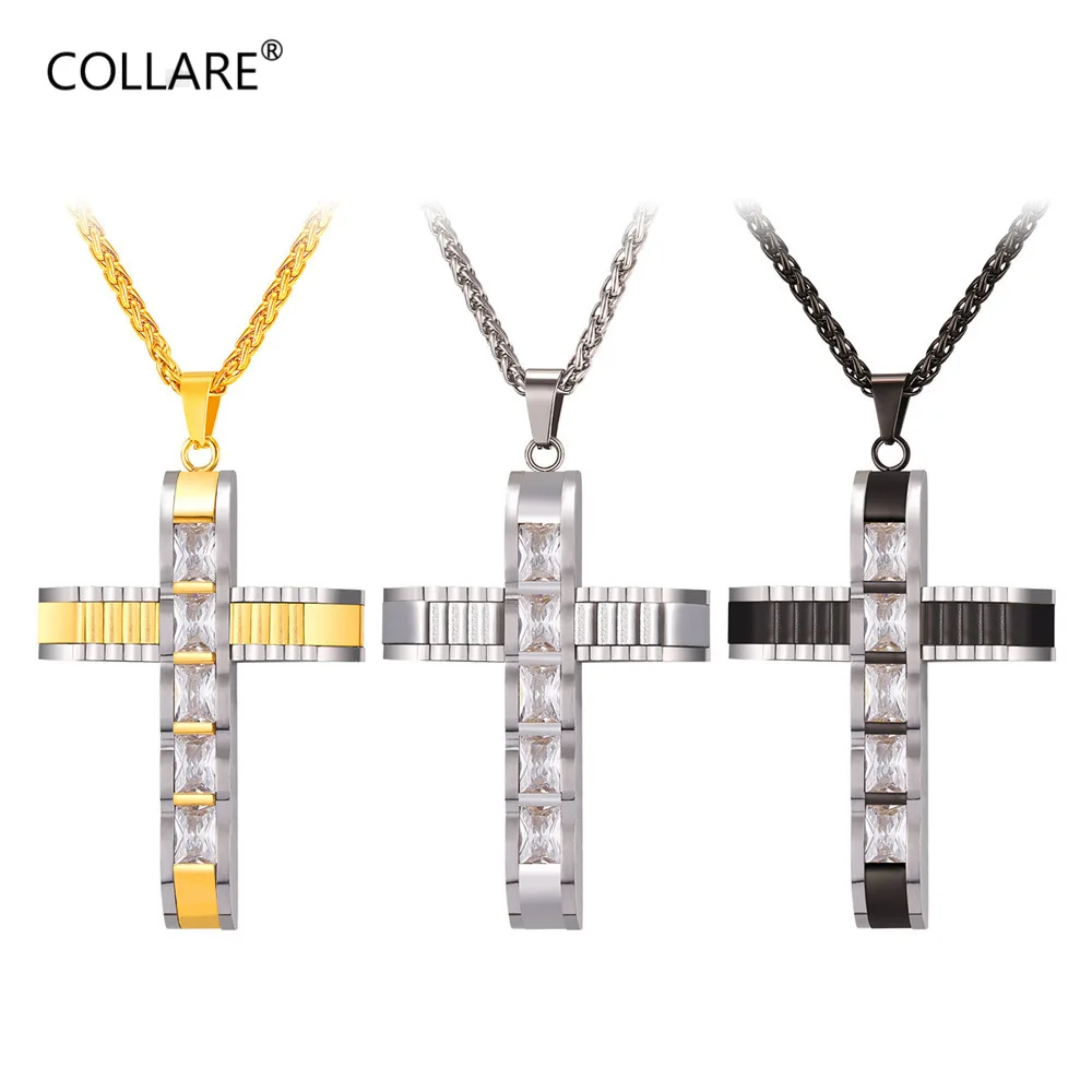 

ChainsPro Cross Pendant Men Gold/Black Color Stainless Steel AAA Cubic Zirconia Crystal Necklace Women Christian Jewelry P088