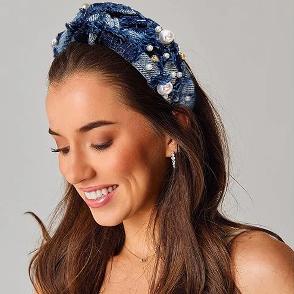 

Cool Girls Denim Headbands Pearl Rhinestone Knotted Hair Hoop Wide Side Patchwork Hair Accessories Trendy Hairbands for Women