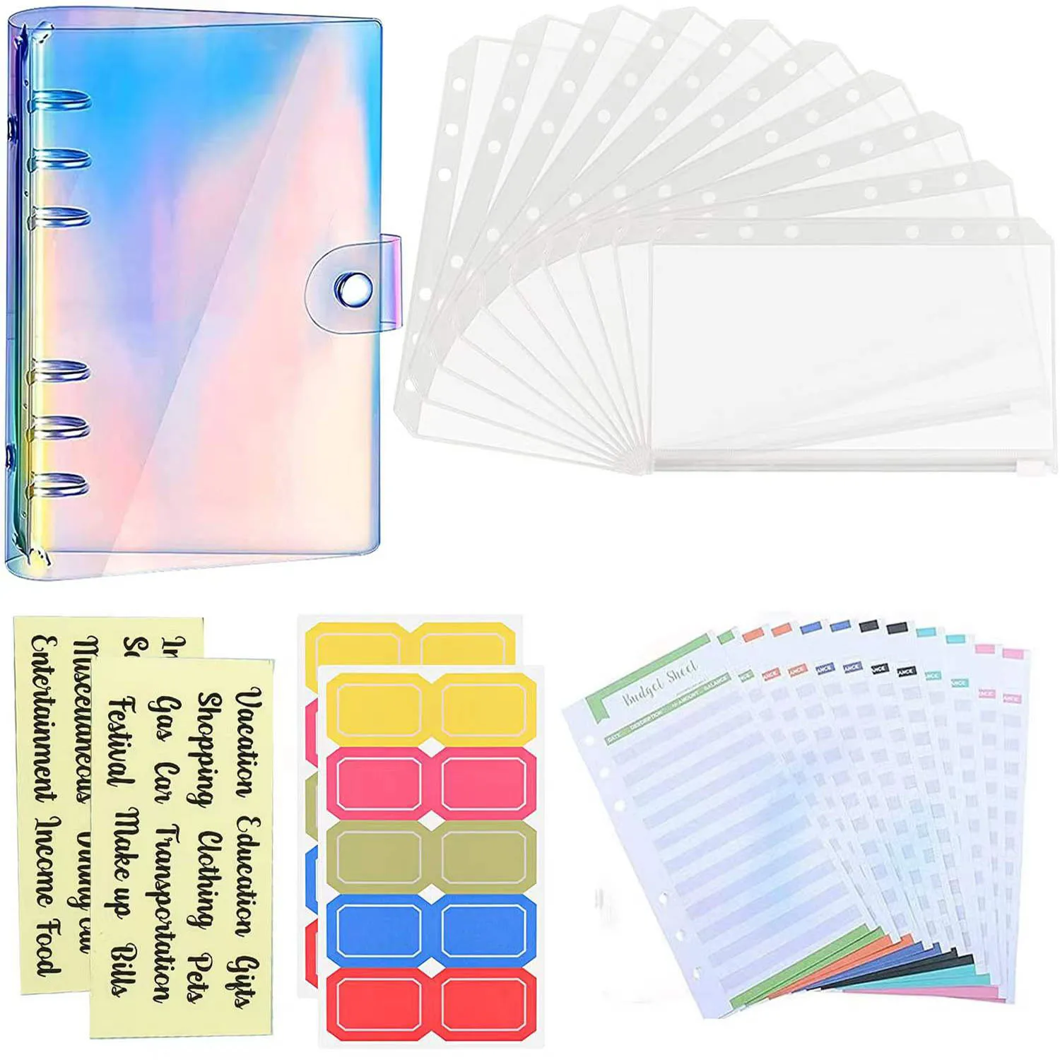 A6 Budget Binder Waterproof Cash Envelopes Notebook Organizer System with 10 Zipper Pockets,12 Budget Sheet and Label Stickers 26 pieces a6 binder pvc notebook cover budget envelopes planner organizer with binder zipper pockets budget sheets