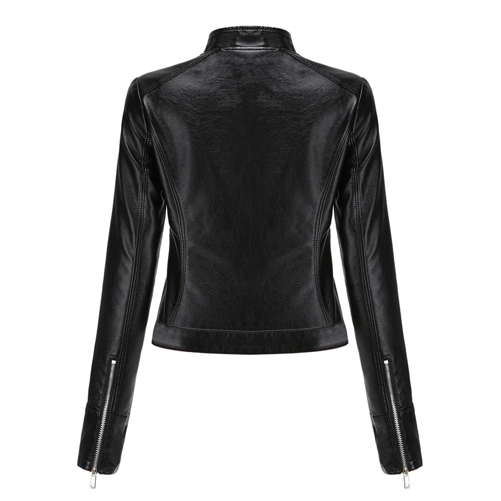 European Size Women\'s Leather Jacket Slim Fit Jacket Thin Spring Tie Straps Jacket Women\'s Motorcycle Suit Large Standing Collar