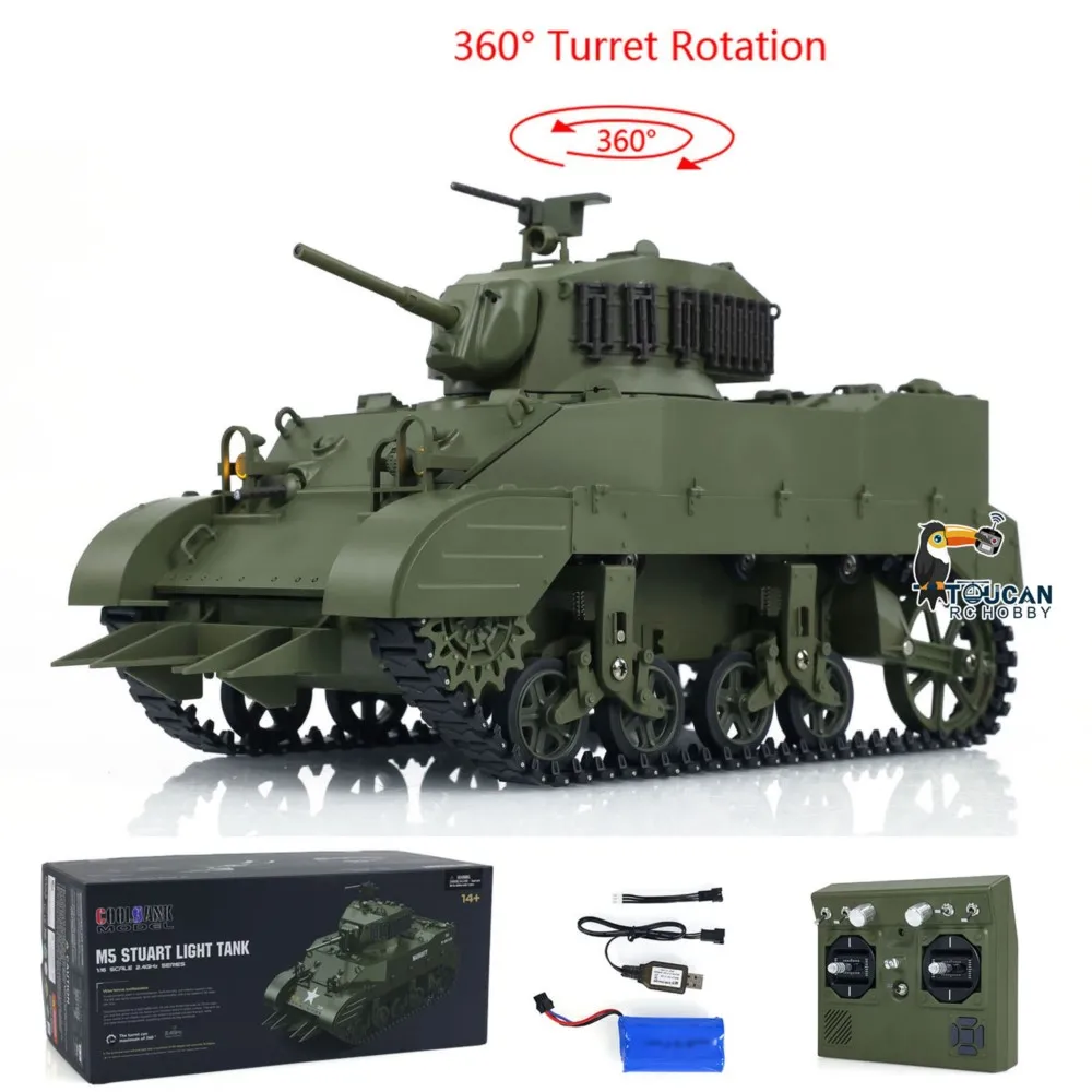 Plan rapproché de la tourelle du char RC 1/16 Stuart M5A1 RTR, rotation complète 360° avec éclairage LED