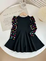 Robe élégante en tricot pour filles, style à manches longues, col rond et volants, imprimé coloré en forme de cœur, style populaire 5