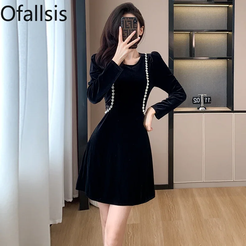 

Женское бархатное платье с длинным рукавом Ofallsis, черное винтажное вечернее платье с круглым вырезом, со стразами, осень 2023