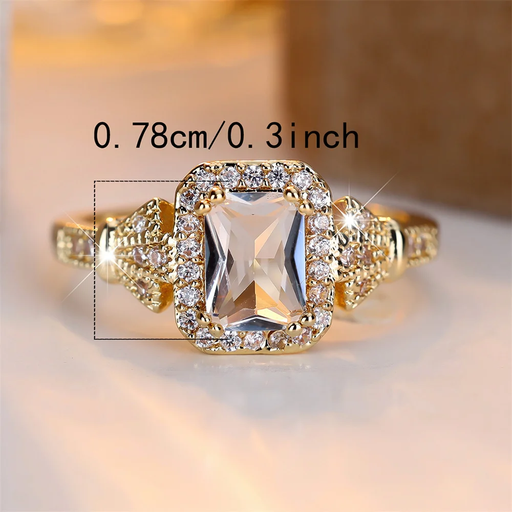 Luxury Crystal Square Zircon Stone Rings For Women Vintage Gold Color Engagement Bands Wedding Jewelry Bridal Versatile Gifts