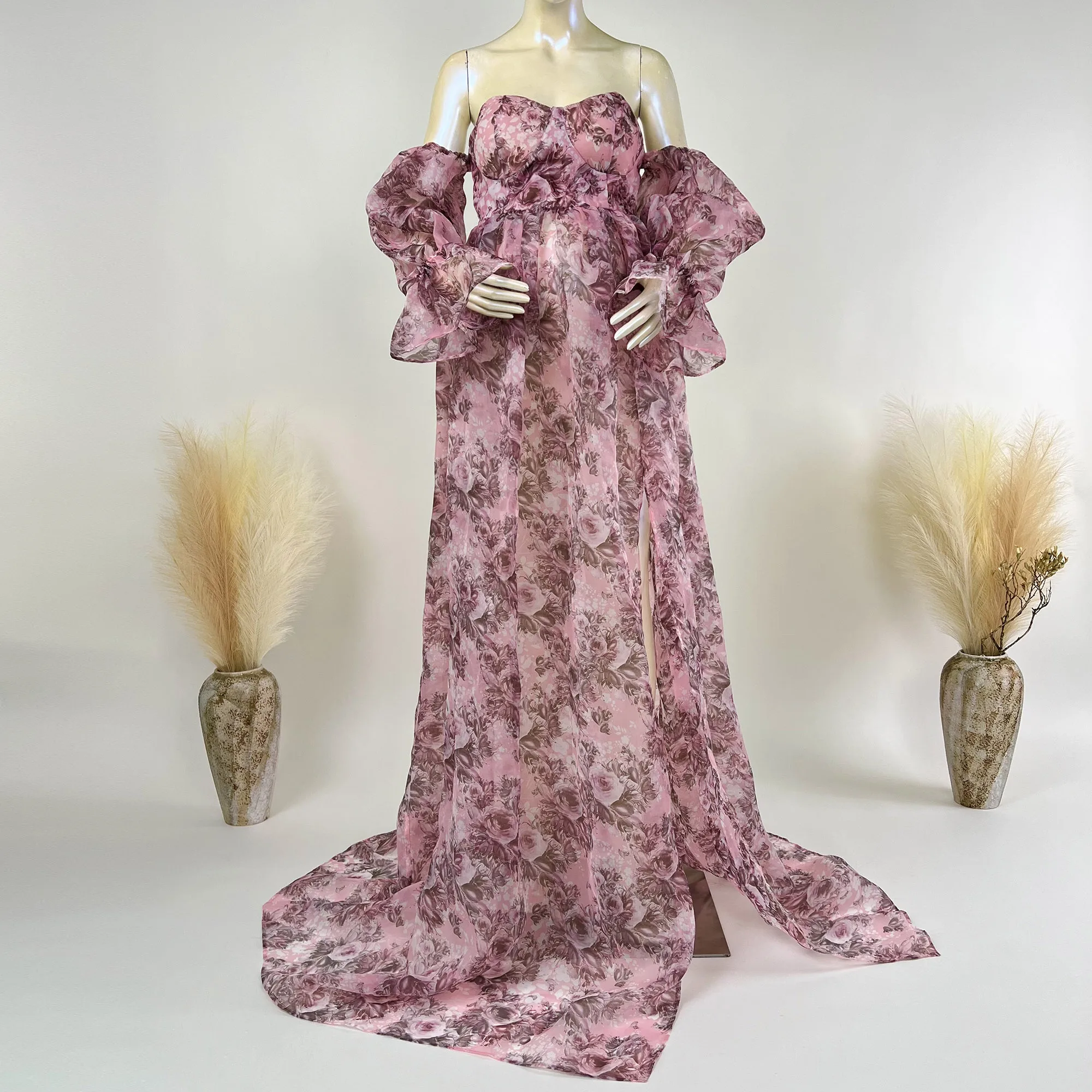 

Don&Judy Maternity Dress Organza Floral Puff Sleeves Gown Photoshoot Props Pregnant Woman Baby Shower Party Photo Shoot Clothing