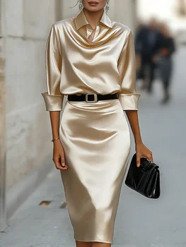 Satin Cowl Neck Shirt Dress With Belt Long Sleeve Bodycon Midi Dress For Women Elegant Casual Party Evening Gown