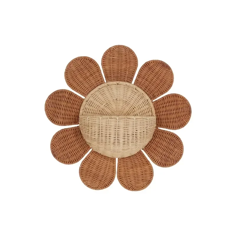 INS Sun Flower Hanging Basket Hand-woven Rattan Kids Room Decoartion Key Sundries Storage Baskets Home Wall Ornaments Props 6