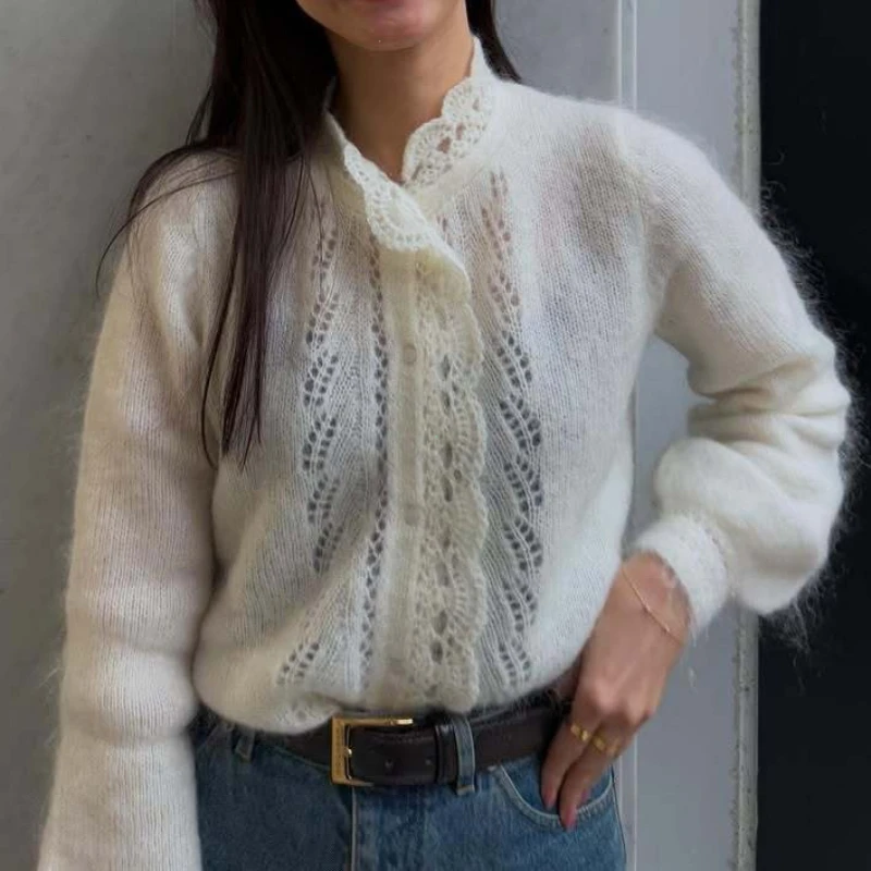 Women's White Cardigan Loose Sweaters Fashion Hollow Lace Patchwork Elegant New Office Basic Autumn Female Cardigan