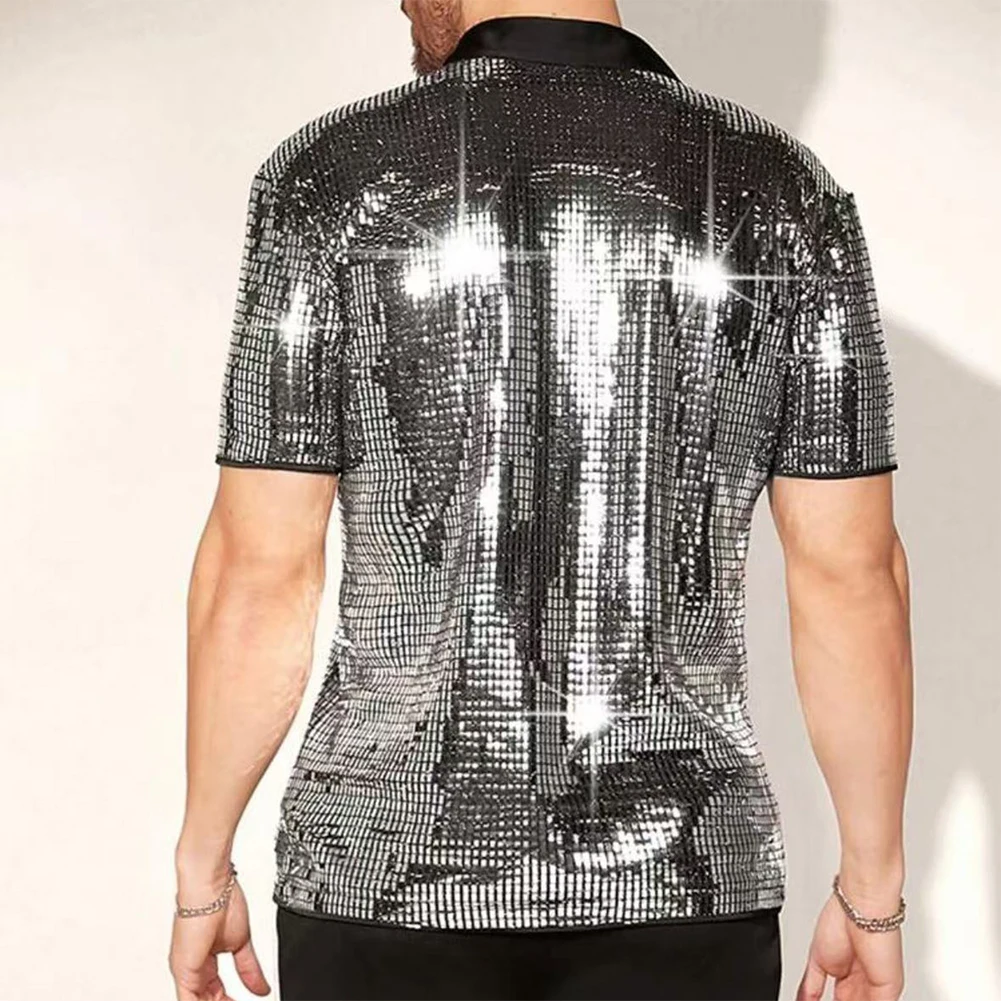 Herren Vintage 70er Disco Club Hemd Glänzende Pailletten Kurzarm Button-Down-Hemd – Detail 11