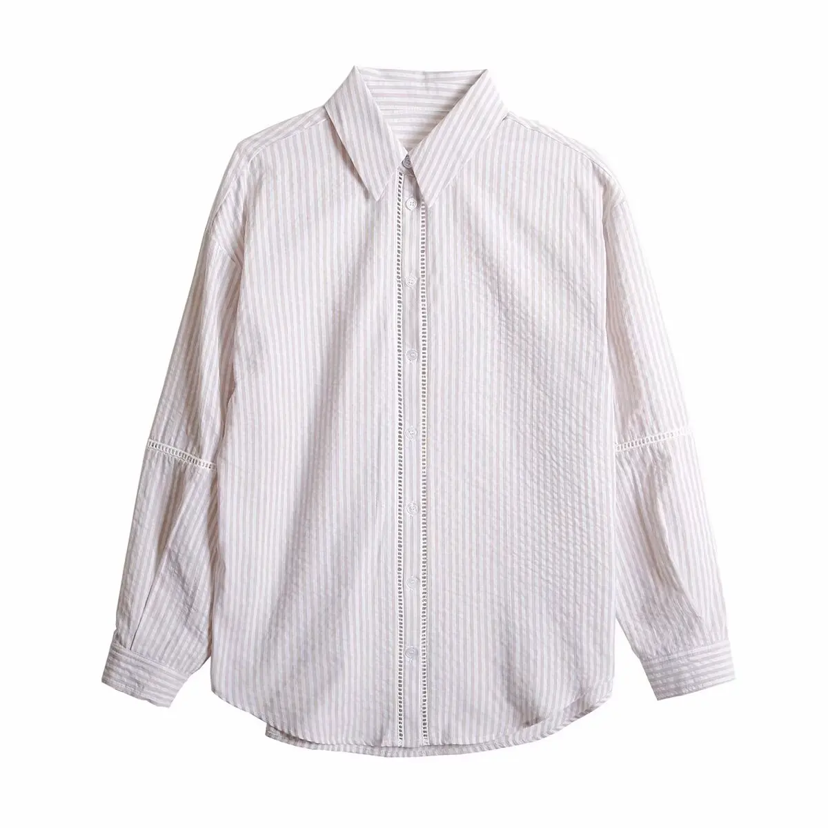 

BSK&TRAF Women's 2024 Summer New Single-breasted Lace Hollow Trim Cotton Blended Striped Loose Shirt 2556841