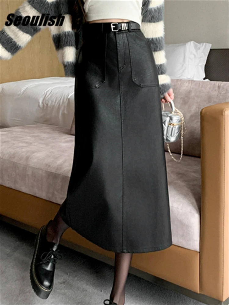 

Seoulish Black PU Leather Women's Wrap A-Line Skirts with Belted 2023 New Autumn Winter High Waist Pockets Long Skirts Female
