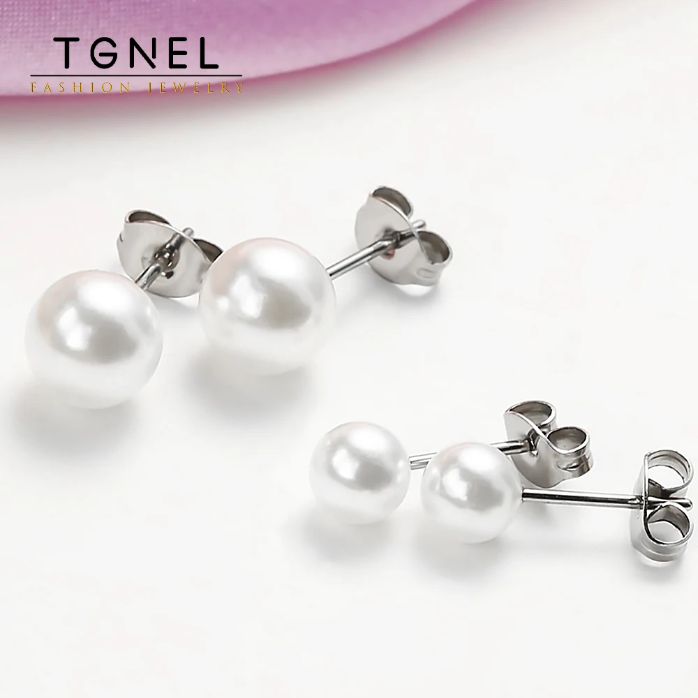 Pearl Stainless Steel Stud Earrings for Women 5mm 8mm Size Imitation Pearl White Daily Accessory Classic Fashion Jewelry