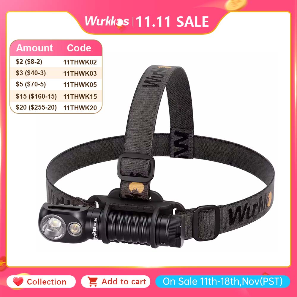 Wurkkos HD20 Headlamp Rechargeable 21700 Headlight 2000lm Dual LED LH351D XPL USB Reverse Charge Magnetic Tail Work Camp Light