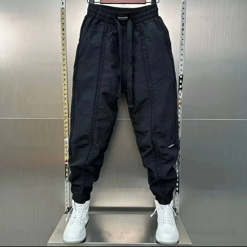 Spring Summer New Solid Color Fashion Elastic Waist Ankle Length Pants Man High Street Pockets Drawstring Patchwork Trousers