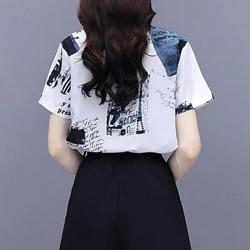 Women's Clothing Summer Trendy Vintage Print Button Up Shirt Y2K Lapel Short Sleeve Blouse Streetwear Chic All Match Tops Blusas