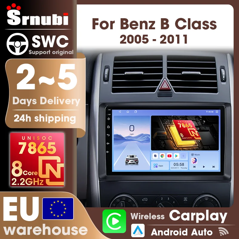 Srnubi 2 Din UIS7865 Reproductor Multimedia para Auto Android 14, CarPlay Inalámbrico, Android Auto, Navegación BT para Benz Clase B 2005 2006 2007 2008 2009 2010 2011 1