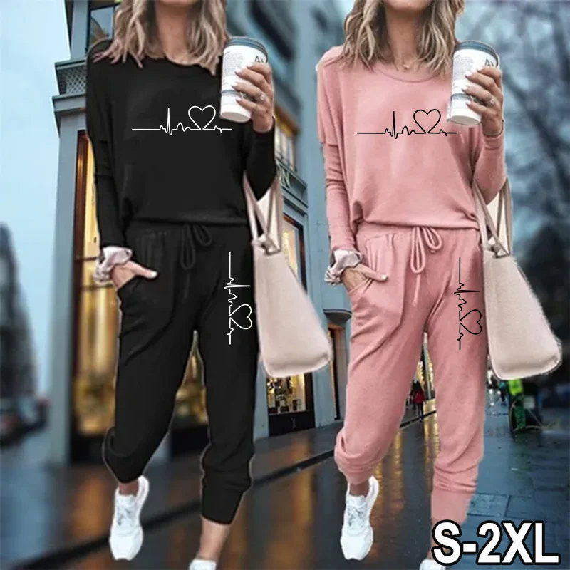 New  Women Electrocardiographic printing Casual Tracksuits 2 Piece Sports Outfits Long Sleeve Tops and Slim Fit Long Pants Suit glock perfect shooting printing men s comfortable eight color short sleeved shorts suit pure cotton harajuku sports t shirt suit