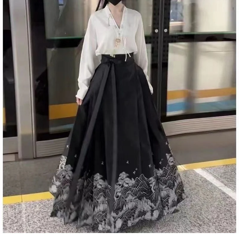 Spring Autumn Vintage Chinese Style Sets Women Solid Color Long Sleeve Shirt and Printing Lacing Pleated High Waist A-line Skirt