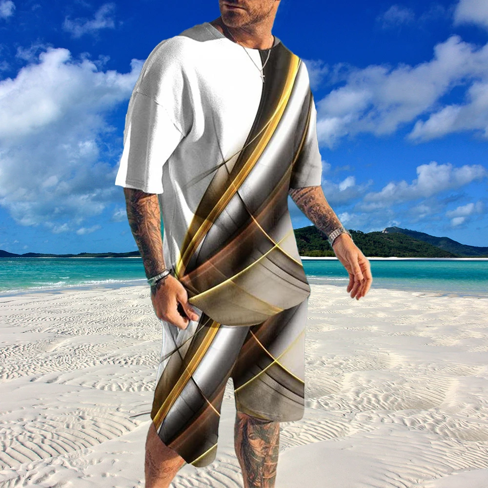 Summer Men's Beach Suit Men's Tshirt+Beach Pants 2pcs Oversized O-Neck 3D Lion King Color Stripe Men's Ball Sports Tshirt Set 2pcs men tracksuits stretch vest tanks shiny sports fitness running sets tops shorts fashion casual swimming yoga glossy pants