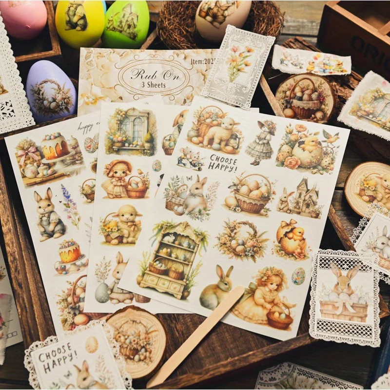 3 Sheet Cute Easter RUB ON Transfer Stickers Kawaii Happy Easter Floral Egg Bunny Duck Stickers DIY Album Scrapbooking Sticker