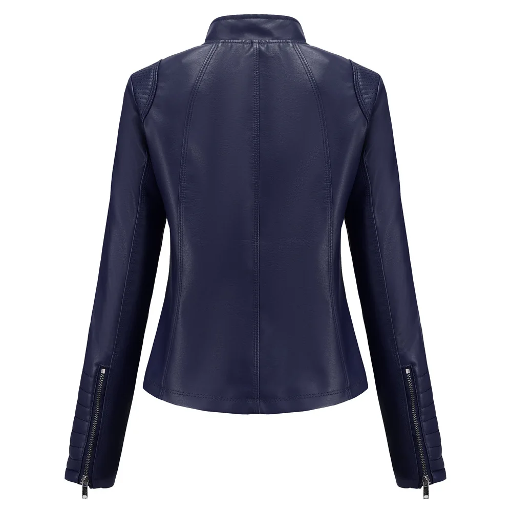 Faux Leather Women Coat Pu Coats Thin Jacket Full Sleeve Stand Collar Slim Fit Solid Sexy Regular Jackets Zipper Casual Splice