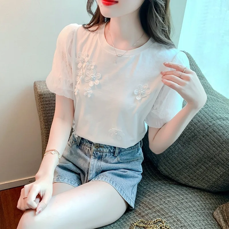 Women's Beading Flower Tops Short Sleeve T-shirts Casual Round Collar Clothes Summer White Tees New Sweet 8542