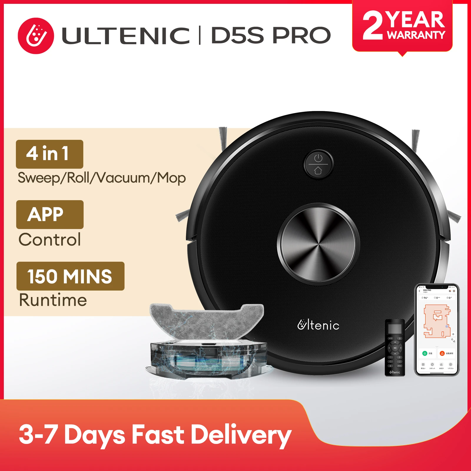 UltenicD5sProRobotVacuumCleanerandFloorMopWirelessPowerful