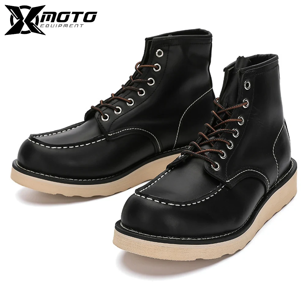 

Motorcycle Ankle Boots Genuine Leather Vintage Shoelace Ankle High Work Boots EU 39-44 Super Racing Quality Cowhide Casual Boots