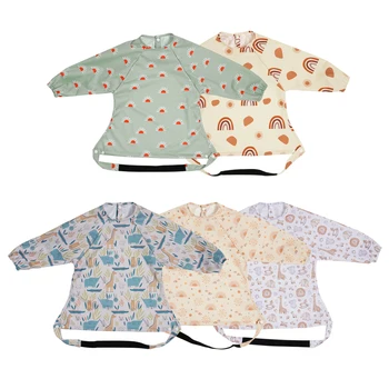 HappyFlute New One Piece Table Use Polyester Waterproof New Printed Snap Buttons Design Long Sleeve Mess Proof Baby Feeding Bibs 1