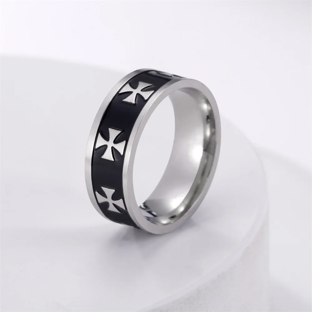 EUEAVAN Stainless Steel Jesus Cross Men Ring Black 8MM Wide Punk Hip-hop  Finger Rings Religious Christian Prayer Amulet Jewelry 3