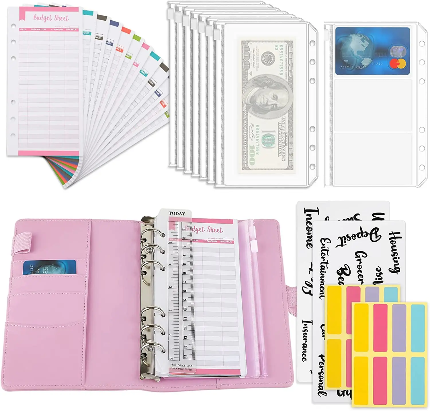 Goed Materiaal A6 Pu Lederen Budget Bindmiddel Notebook Cash Enveloppen Systeem Set Bindmiddel Zakken Geld Budget Saving Bill Organizer