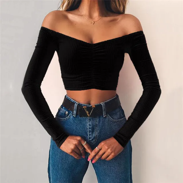 Off Shoulder Crop Top Women Summer Long Sleeve T Shirt V Neck Tshirt  Elegant Party Club Tee Shirt Femme Dames Streetwear - T-shirts - AliExpress