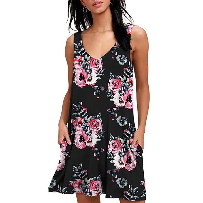 

Women Summer Casual Sleeveless Midi Print Tank Vest Dresses With Pockets Floral Tank Skirts Loose Fit Short Flowy Pleated Dress