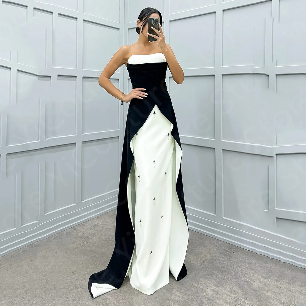 Customized Contrast Color Evening Dress Black and White Prom Party Dresses 2024 Strapless Wedding Guest Gown Beading Sweep Train Customized Contrast Color Evening Dress Black and White Prom Party Dresses 2024 Strapless Wedding Guest Gown Beading Sweep Train