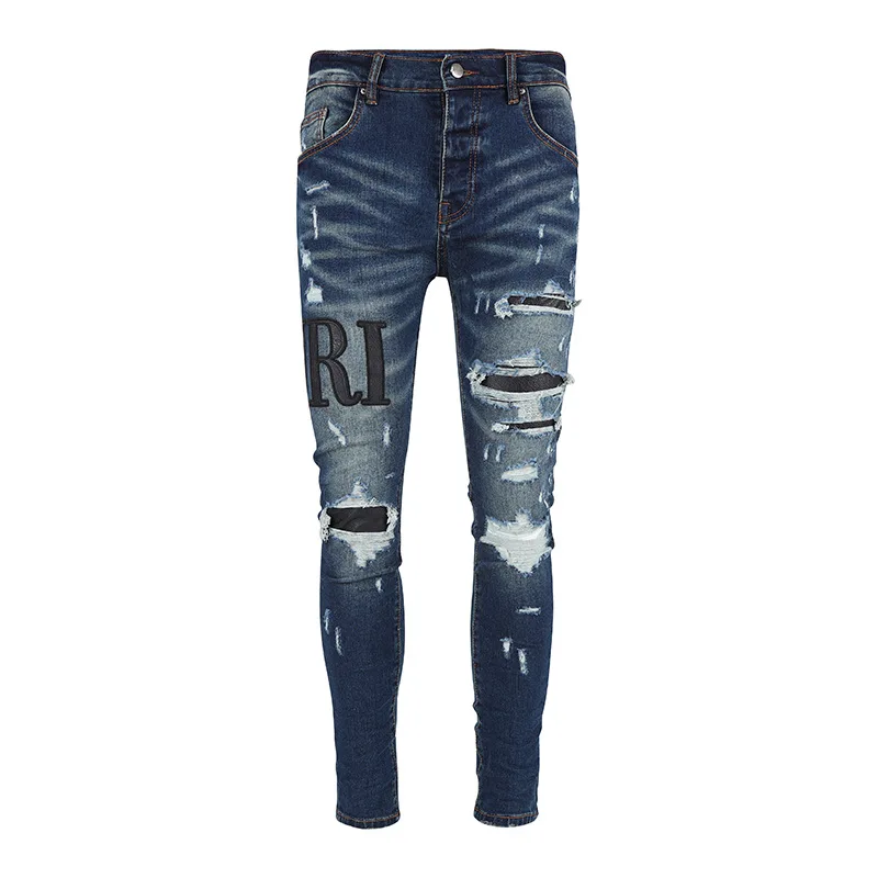 

New Design Fashion Distressed Men's Jeans Holes Dark Blue Slim Fit Black Letter Embroidery Ripped Jeans Men Hip Hop Denim Pants